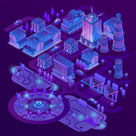 Vector 3d isometric megapolis, city with park in purple colors. Collection of skyscrapers, buildings and charging stations with ultraviolet lighting. Streets with traffic - cars, automobilesのイラスト素材