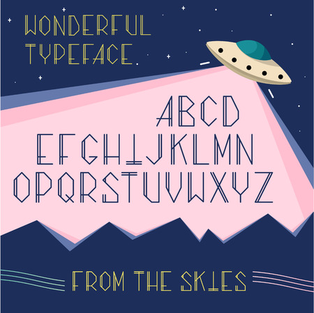 Vector alphabet uppercase letters in space, UFO concept. Cosmos cartoon font for typography. Modern typographic element, trendy typeface with extraterrestrial themeのイラスト素材