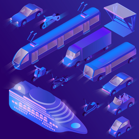 Vector set of isometric violet urban public transport for passenger transportation. Private cars, cruise liner and other transport at night. Collection of ultraviolet vehicles in cartoon style.のイラスト素材