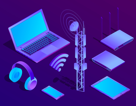 Vector 3d isometric violet laptop, router with wi-fi and radio repeater. Ultraviolet computer with headphones, smartphone for networking, cloud storage. Wireless technology, electronic mobile device.のイラスト素材