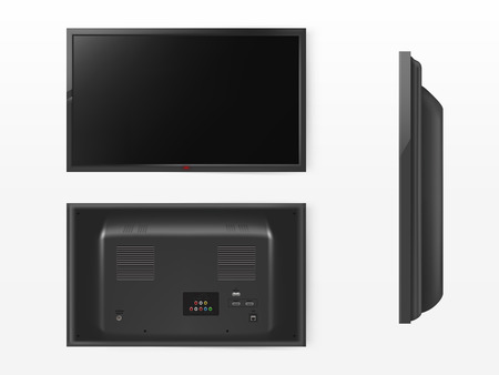 Vector lcd screen, mock up of plasma television. Front, back and side view of modern video system. HD tv, HDMI digital technology. Black display in 3d realistic style isolated on white backgroundのイラスト素材