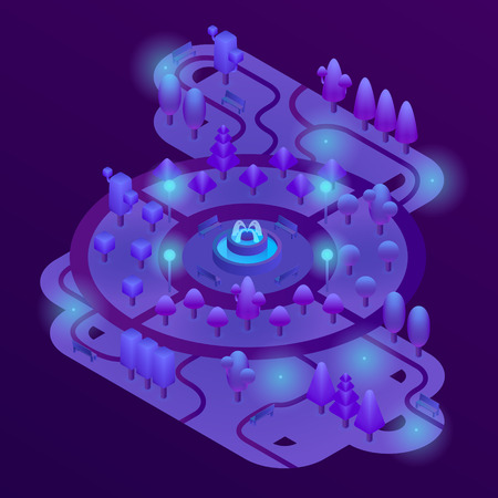 Vector 3d isometric park with purple plants, ultra violet trees, benches and fountain. Map of city garden landscape with nature objects in ultraviolet light. Botanical decoration for game designのイラスト素材