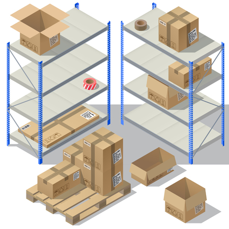 Vector 3d isometric storage of post service. Set of cardboard packaging, mail with adhesive tapes for delivery. Packages, shelves isolated on white background. Pasteboard boxes on wooden palletのイラスト素材