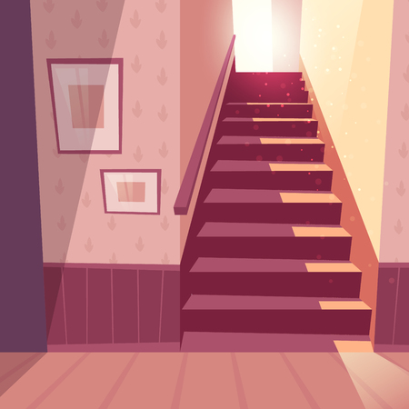 Vector illustration of staircase in house. Home inside with light from window and shadows on steps. Front view of stairs with handrail, handhold in maroon colors.のイラスト素材