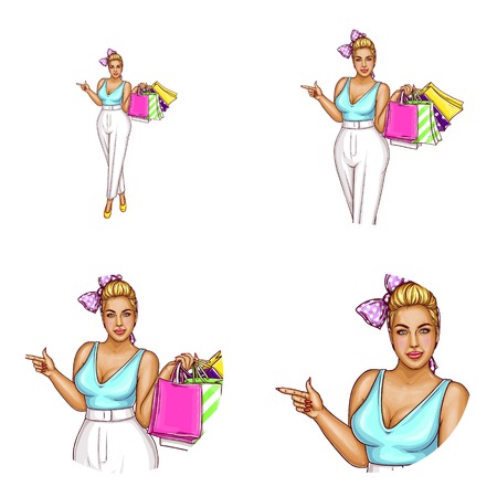 Vector avatar of blonde overweight woman in white trousers, blue blouse. Networking element for chat, blog with girl holding bags, packages after shopping. White circle with modelのイラスト素材
