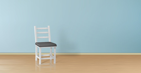 Vector 3d realistic mock up with white wooden chair isolated on blue wall. Modern furniture with black pillow on parquet, background for design. Decorative template.のイラスト素材