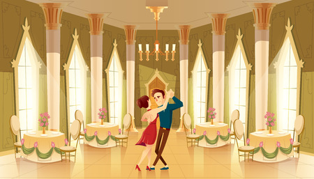 Vector hall with dancers, interior of ballroom. Big room with chandelier, columns for royal reception in luxury medieval palaceのイラスト素材