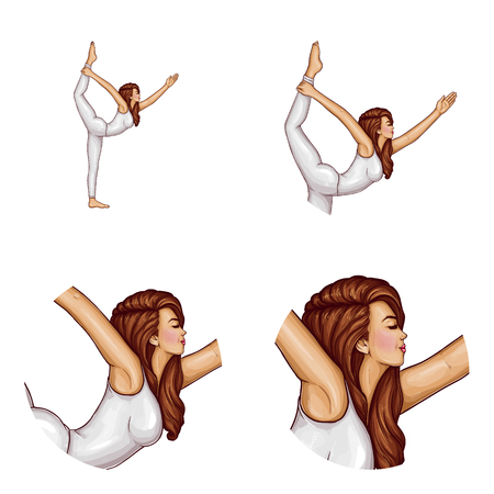 avatar of pop art girl does gymnastics, yoga, stands in position on one leg and stretches her body with raised hand. Networking element with young slim woman does fitness exercise, trainingのイラスト素材