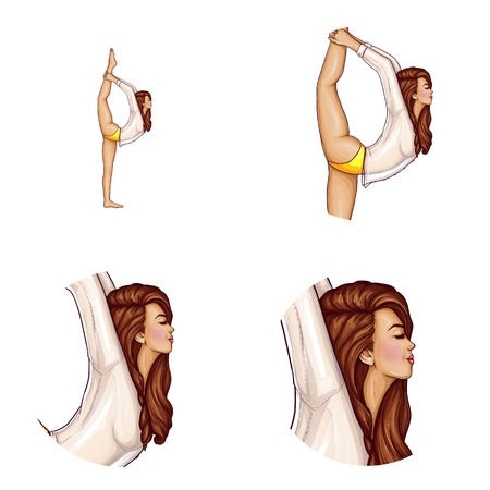 Vector avatar of pop art girl does gymnastics, yoga, stands in position on one leg and stretches body. Networking element with young slim woman in translucent blouse does fitness exercise, trainingのイラスト素材