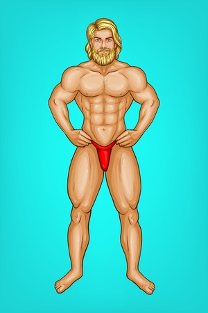 Vector pop art naked male character with great muscles in red underpants, g-string. Blonde bearded sportsman or striptease performer with nude body. Attractive athlete isolated on blue backgroundのイラスト素材