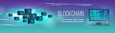 Vector blockchain concept in blue neon colors. Horizontal poster, banner with monitor with code, bitcoins mining, cryptocurrency. Illustration of internet banking, commerce in web.のイラスト素材