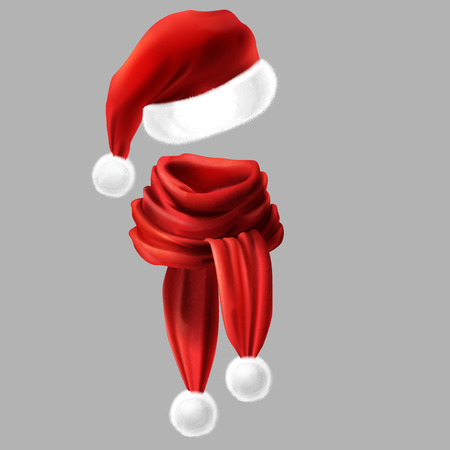 Vector 3d realistic silk red scarf with white fur and Santa Claus headwear, hat. Celebration costume with knitted fabric cloth, alpaca wool for winter, New Year. Knitwear isolated on grey backgroundのイラスト素材