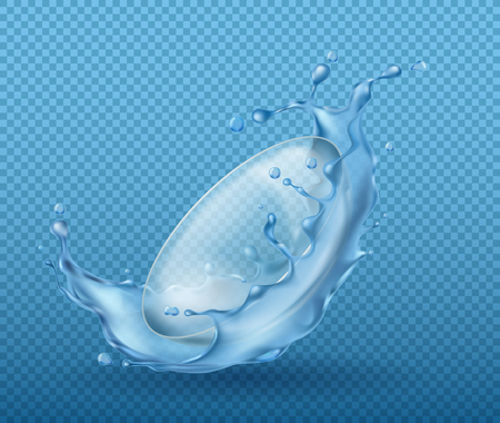 Vector 3d realistic contact lenses for eyes in splashing water. Template for ad poster, promo banner. Mock up for package design, medicine object.のイラスト素材