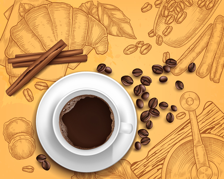 Vector 3d realistic coffee cup with cinnamon, beans on vintage hand drawn illustration with grinder, croissant. Breakfast concept. Beverage menu for restaurant, backgroundのイラスト素材