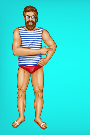 Vector pop art brown haired man with beard in striped shirt, red swim trunks. Cheerful guy points with finger at summer sale, discounts. Athletic character on blue background. Sale, ad poster, bannerのイラスト素材