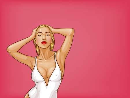 pop art blonde woman with wet hair, blue eyes in white one-piece swimming suit isolated on pink background. Sexy character in underwear for ad poster, promo banner, design illustration.のイラスト素材