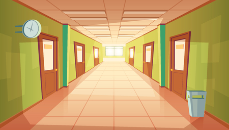 Vector cartoon school hallway with window and many doors. College corridor with rubbish bin and no people. Interior of university, education concept.のイラスト素材