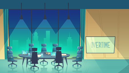 Vector overtime concept - conference hall for business seminar at night, working process in dark evening. Room in skyscraper, urban view from window. Teamwork space in cartoon spaceのイラスト素材