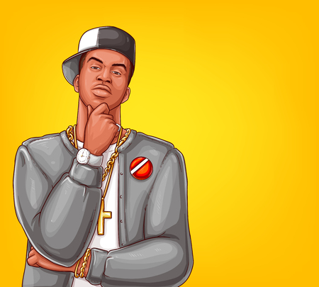 Vector pop art rap, hip-hop male character isolated on yellow background. Afro-American singer in grey jacket, blazer with gold bling, watch. Modern gangsta man, entertainment conceptのイラスト素材