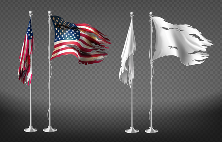 Vector realistic set with damaged flags of United States of America on steel poles isolated on transparent background. Dirty white banners with ragged edges on flagpole. Clipart for your designのイラスト素材