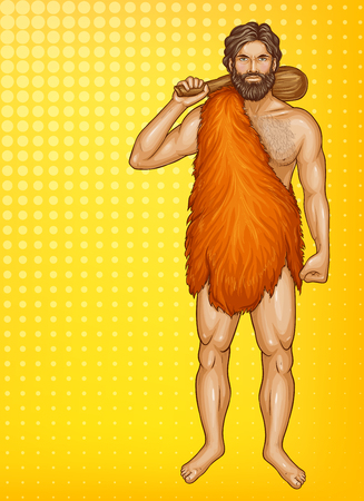 Vector pop art caveman in fur loincloth, wooden club isolated on yellow background. Strong male character of prehistoric, stone age. Illustration for ad poster, promo bannerのイラスト素材