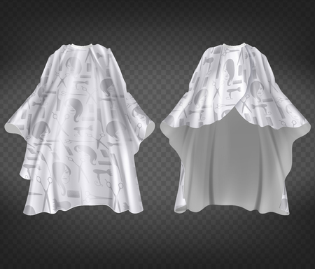 Vector 3d realistic white hairdresser apron with print, pattern isolated on transparent background. Professional equipment for hair cutting, nylon protective cape to wear around neck in barbershopのイラスト素材