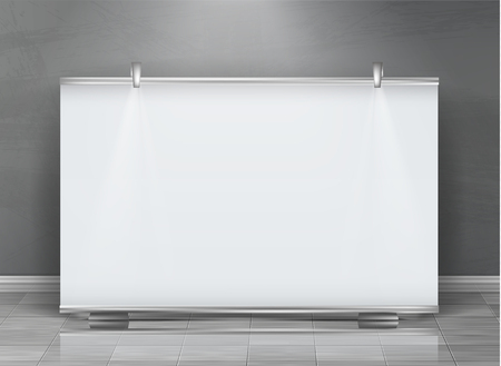 Vector realistic roll up banner, horizontal stand, blank billboard for exhibition and business presentations, isolated on gray background. Mockup with white board, roll-up display for commercial adsのイラスト素材