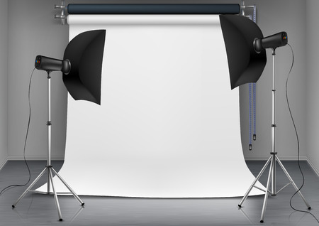 Vector realistic illustration of empty room with blank white screen, studio lights with soft boxes on tripod stands. Concept background with modern lighting equipment for professional photographyのイラスト素材