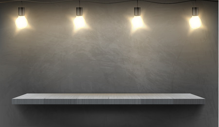 Vector realistic background with empty wooden shelf illuminated by electric bulbs, hanging on textured wall. Showroom with platform for exhibits, mockup with bookshelf and lightsのイラスト素材