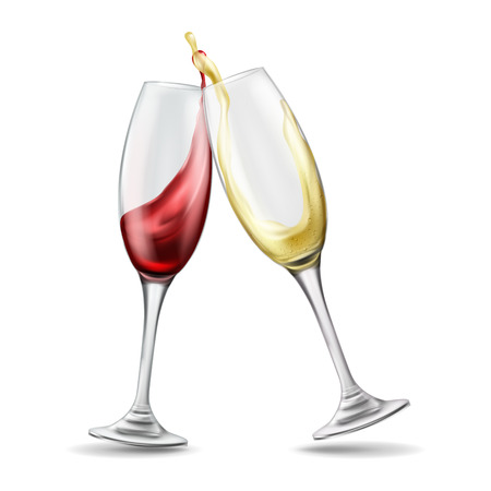 Two wine glasses with splash of red and white wine, celebratory toast, realistic vector illustration isolated on background. Transparent glassware, element design for menu, shop windowsのイラスト素材