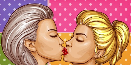 Vector pop art sexy women kissing each other, lesbian love. Heads with red lips, closed eyes isolated on dotted background. Homosexual relationship, sensual cartoon characters for ad poster, banner.のイラスト素材