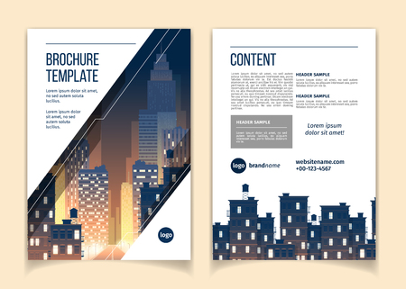 Vector cartoon brochure with cityscape at night, megapolis with modern buildings, skyscrapers, big city with lights. Business leaflet template with space for main content, header, contact informationの写真素材
