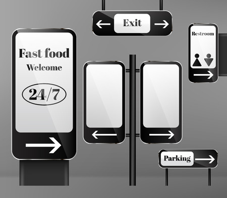 Vector set of street signposts on metal poles, direction signs with arrows isolated on background. Clipart with signboards and pointers for city navigation, billboard for advertising messagesのイラスト素材