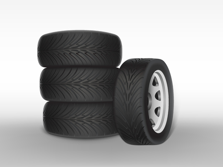 Vector 3d realistic black tyre stacked in pile, shining steel and rubber wheel for car, automobile, isolated on white. Modern rim, tread - automotive equipment for mechanic shop, service.のイラスト素材
