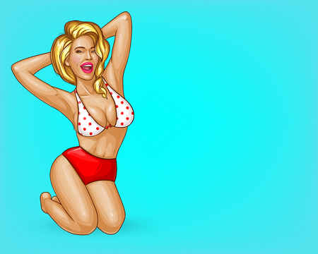 Vector pop art flirting blonde woman with hands behind head, red and white bikini, swimming suit isolated on blue background. Sexy character in underwear for ad poster design, promo bannerのイラスト素材