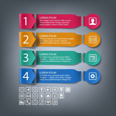 Template with paper banners, ribbons and arrows, infographic mock up with 4 steps, options for web site design, business presentation, set of internet icons, realistic illustration, conceptの写真素材