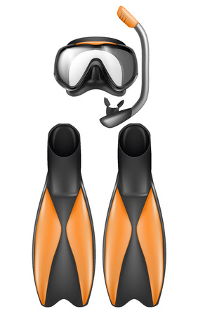 Vector realistic set of diver equipment, snorkeling mask with snorkel and flippers isolated on white background. Clipart with black goggles, rubber swim fins, sport gear for scuba divingのイラスト素材