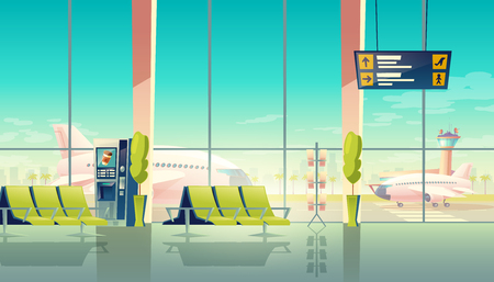 Vector airport waiting hall - big windows, seats and airplanes on the airfield. Travel concept. Empty international terminal, lounge with chairs and digital screen, departures and arrivals scheduleのイラスト素材