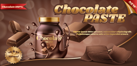 Vector promotion banner of chocolate paste or nut butter in plastic jar, isolated on brown background. Advertising banner with container of choco spread, sweet fast food for eating with breadのイラスト素材