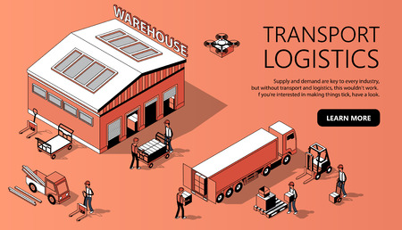 Vector 3d isometric site template with warehouse, truck and people. Thin line style, internet portal with button for transport logistics. Orange background with goods and storage. Commercial shippingのイラスト素材