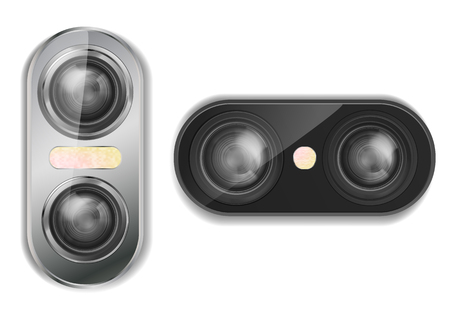 Vector 3d realistic dual camera for smartphone with two lenses and flash, isolated on background. Modern optical device, module for cell phone with various types of photo objectivesのイラスト素材