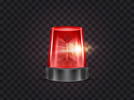 Vector illustration of red flasher, flashing beacon with siren for police and ambulance cars, isolated on transparent background. Glowing rotating lamp, emergency signal of danger, alarm strobe lightのイラスト素材