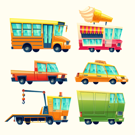 Transport vehicles vector cartoon icons. Isolated flat colorful public and passenger set of school bus or taxi and recovery tow truck, ice cream promo vending van and armored minivan or pickup carのイラスト素材