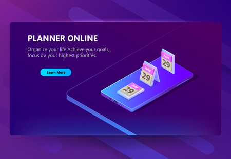 Vector 3d isometric template of site for smartphone s organizer. planner. Online page with app for time control, goal focus. Social service with schedule. Illustration in violet, ultraviolet color.のイラスト素材