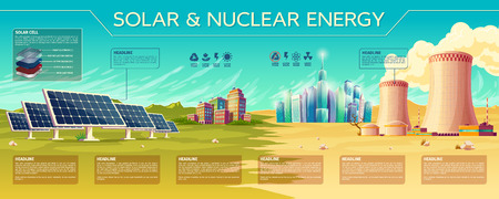 Vector solar, nuclear energy business presentation infographic template text space. Renewable, traditional technology, illustration with power plant, solar battery, panel, reactor tower, modern cityのイラスト素材