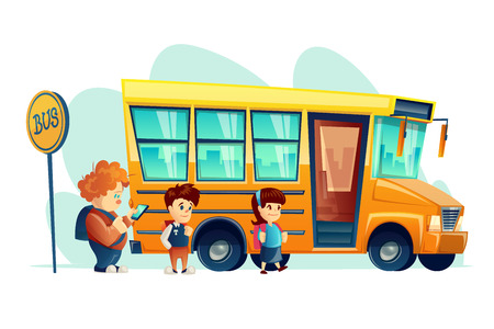 Vector illustration of children get on school bus on the stop sign, isolated. Transportation pupil or student, transport and automobile. Vehicle of educational organisation. Print for internet, designのイラスト素材