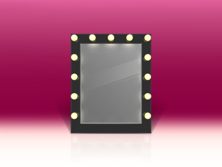 Vector illuminated mirror for makeup isolated on pink background. Shiny object for fashion model or theater actor. Light bulbs on black frame in dressing room, backstage.のイラスト素材