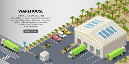 Vector isometric warehouse, delivery service illustration. Storage building with trucks ready for shipping, forklifts with cargo. Web page with button and space for text, logistics concept bannerのイラスト素材