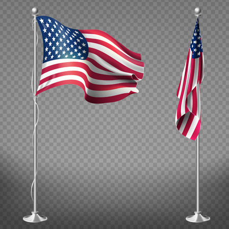Vector 3d realistic flags of United States of America on steel poles isolated on transparent background. National symbol of USA, silk waving banner with red and white stripes, with stars on blue colorのイラスト素材