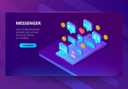 Vector 3d isometric template of site for messenger. Online chat for adults with emoji smiles. Social service on smartphone for communication, messaging. Illustration in violet, ultraviolet colorのイラスト素材